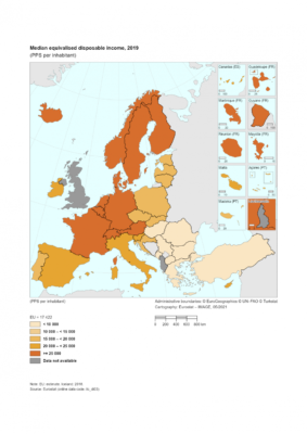 EUにおける2019年の等価可処分所得の中央値(Eurostatより)